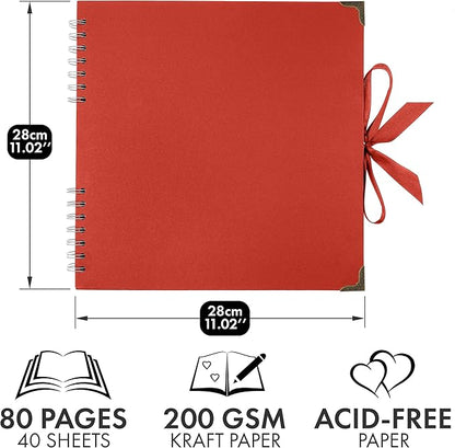 Bstorify Square Scrapbook Photo Albums 80 Pages (11 x 11 Inch) Red Thick Paper, Hardcover, Ribbon Closure - Ideal for Your Scrapbooking Albums, Art & Craft Projects (Red, 11 x 11 Inch)