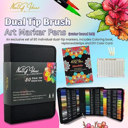 NextG Ideaz Dual Tip Brush Art Marker Pens, 80 Unique Bright Color, Water-Based Ink, Fineliner & Brush Tip Pens for Arts Lovers Coloring Drawing Book, Calligraphy Writing, Sketching and Doodling
