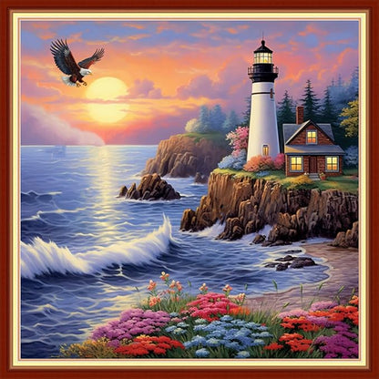 Foxdiviy Stamped Cross Stitch Kits Full Range of Embroidery Needlework Starter Kits for Beginners Adults 11CT Embroidery Patterns Art Crafts DIY Needlepoint Kits-Seaside Lighthouse 18x18 inch