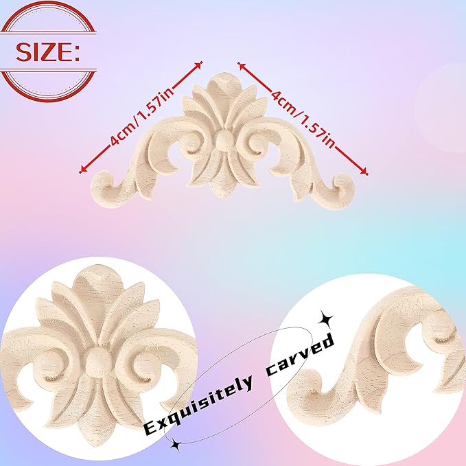 4PCS Corner Wooden Carving Decal Unpainted Wood Appliques Onlays DIY Wood Carved Furniture Appliques Onlays for Wall Bed Door Wardrobe Cabinet Furniture Decoration(01,4x4cm/1.57x1.57inch)