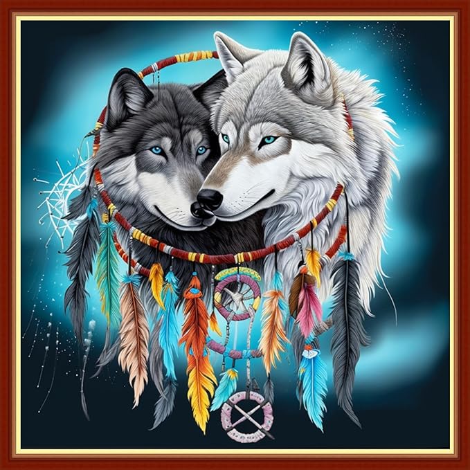 Findvoor Stamped Cross Stitch Kits for Beginners Full Range of Cross Stitching Embroidery Pattern for Adults, 11CT DIY Needlepoint Embroidery Starter Kits-Wind Chime Wolf 17.7x17.7 inch