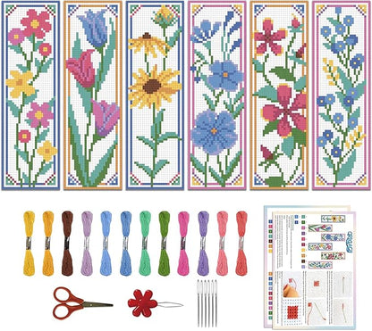 ORIGACH 6 Pcs Flower Cross Stitch Bookmark Kit for Beginner with Backing Felt Floss Instruction Sunflowers Tulip DIY Stamped Embroidery Bookmark Kit for Starter Adults Book Lovers