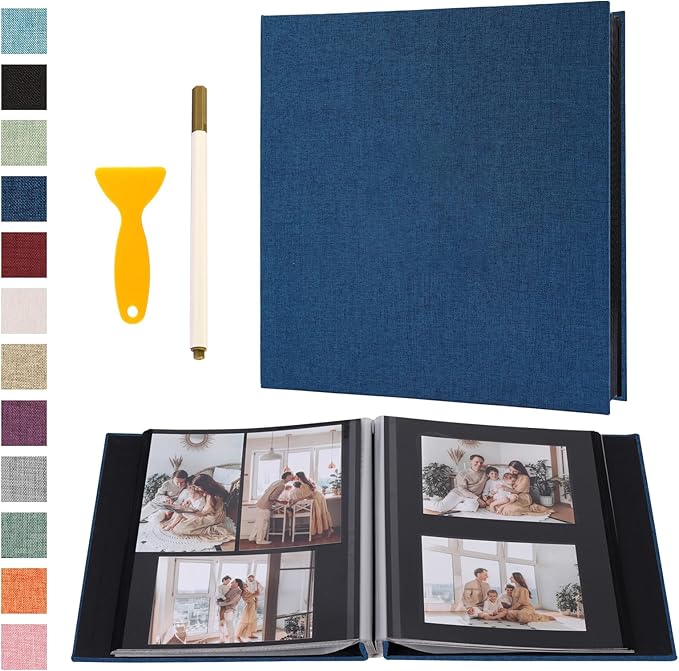 Photo Album Self Adhesive Pages Black Sticky Pages Large Scrapbook Linen Cover for 4x6 5x7 8x10 Pictures Album de Fotos Wedding Couples Baby Family Memory Book, 11x10.6 Blue 40 Pages