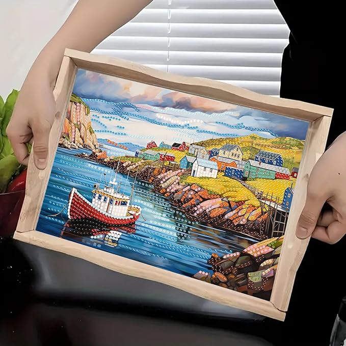 DoxQcs DIY Diamond Art Wooden Tray Kit Easter Food Tray with Handle Diamond Painted Table Decoration Tray for Breakfast Bar Dinner Table Diamond Art Painting for Beginners-#17-Seaside Village