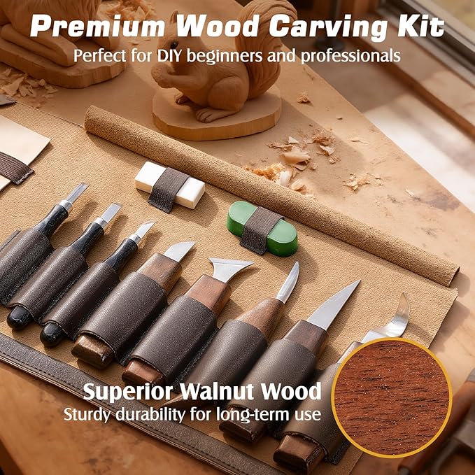 Housolution Wood Carving Kit with Leather Case, 24PCS Wood Carving Tools Whittling Kit Includes Carving Knives Carving Chisels Basswood Blocks Spoon Gloves, Woodworking Tools for Beginners DIY Hobbies