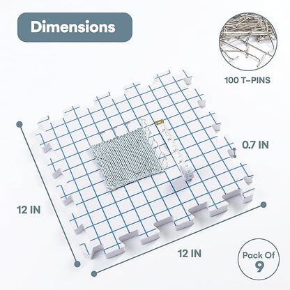 Blocking Mats for Knitting - KnitIQ Extra Thick Blocking Boards for Crochet Projects with Gridlines - 100 T-Pins and Storage Bag Included for Knitting Supplies - Standard Mat Set - Pack of 9
