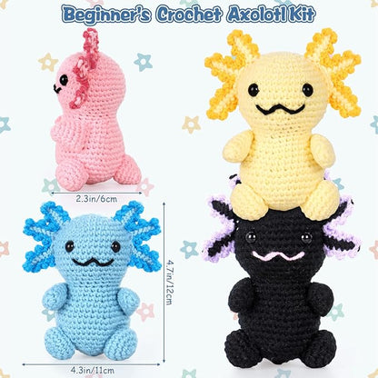 Weldomcor Crochet Kit for Beginners, Amigurumi Crocheting Animals Kits for Adults with Step-by-Step Video Tutorials Knitting Yarn Hooks DIY Crafts Starter Supplies Gifts Set (4 Pcs Mini Axolotls)
