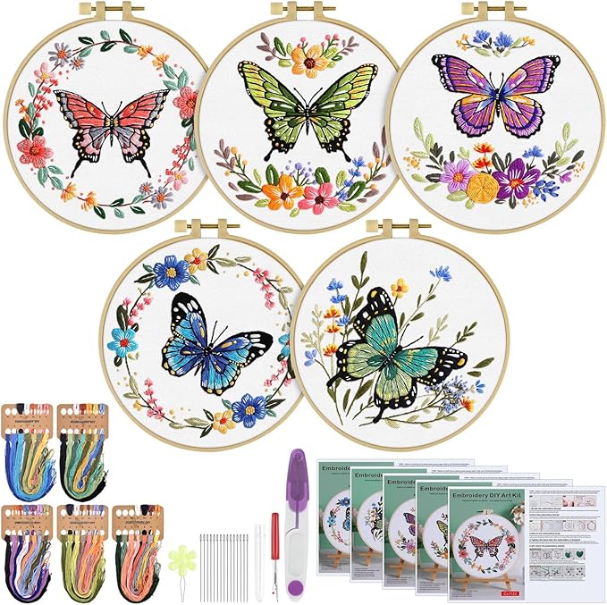 ERKOON 5 Sets Embroidery Kit for Beginners (Butterfly and Flower)