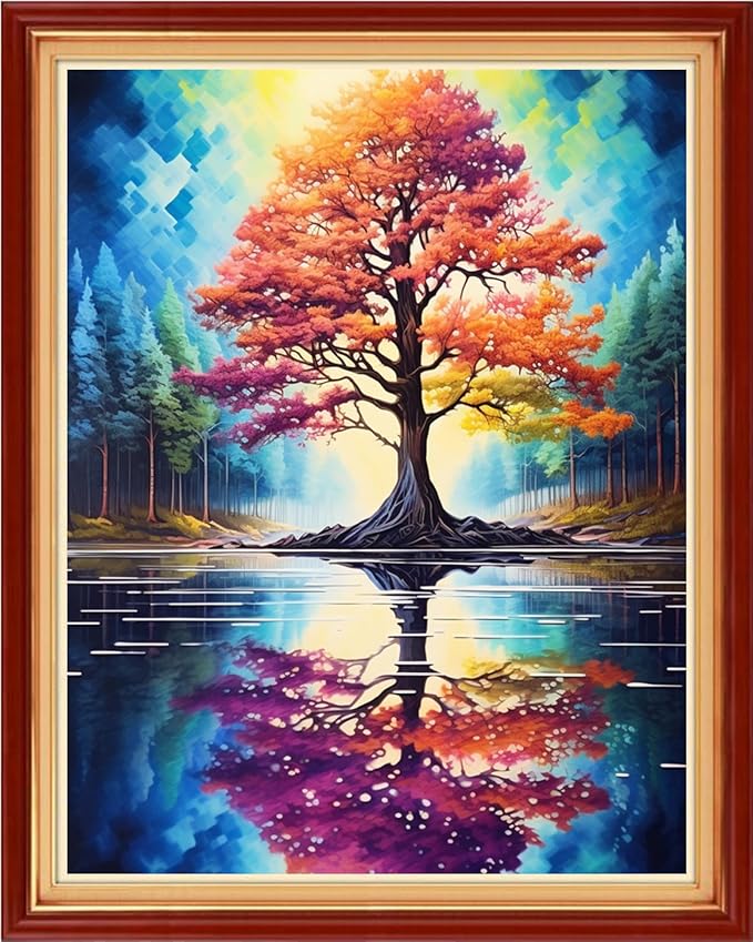 Foxhool Stamped Cross Stitch Kits,11CT Printed Cross Stitch Pattern Full Embroidery Kits for Beginner Needlepoint Kits-Reflection Tree 16x20 inchs