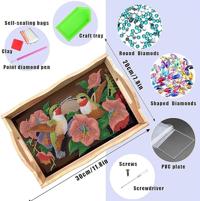 FGbaby DIY 5D Flower Hummingbird Diamond Painting Wood Serving Tray with Handles Diamond Art Serving Trays Wooden Tray for Breakfast in Bed, Patio, BBQ, Coffee Table, Party –Great for Lap & Couch