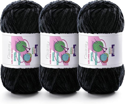 3 Skeins Soft Fluffy Velvet Yarn, Chenille Chunky Yarn for Hand Knitting and Crocheting DIY Craft, Amigurumi Crochet Yarn（3×196.8yds, 3×3.5oz） (Black)