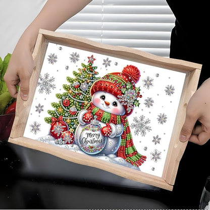 DIY Diamond Art Painting Wooden Tray Kit With Handle, Food Tray for Breakfast, Bar Dinner Table Decoration, Diamond Dots Gem Painting Art Set for Beginners-Snowman2