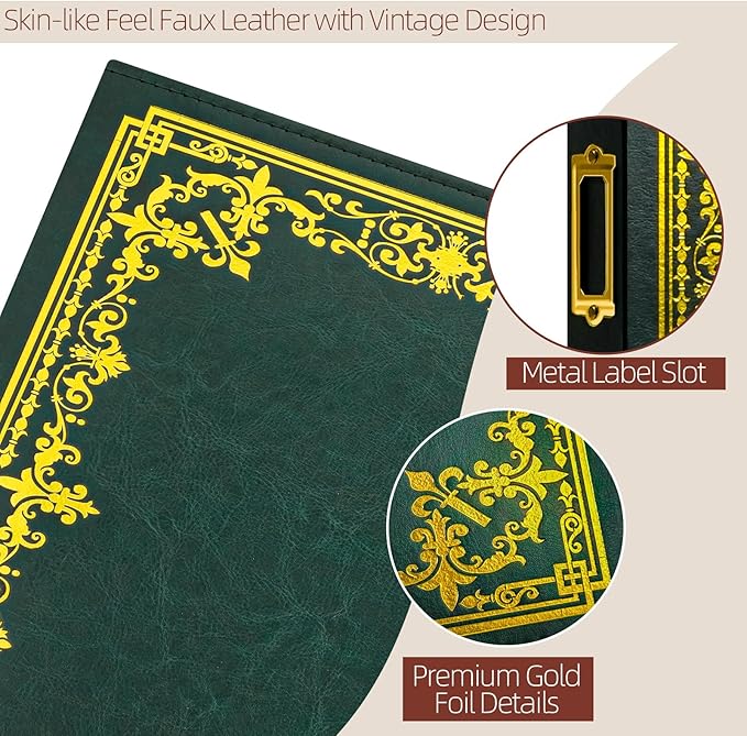 Vienrose Scrapbook Photo Album, 8.5"x11" Faux Leather Cover DIY Scrapbook Album with 50 Sleeves 100 Pages, 3 Ring Vintage Memory Book for Family, Wedding, Birthday, Anniversary, Emerald Green