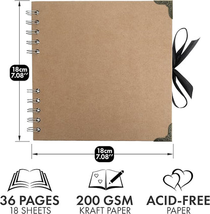 Bstorify Square Scrapbook Photo Albums 36 Pages (7 x 7 inch) Brown Thick 200gsm Kraft Paper Scrap Book, Ribbon Closure - Ideal for Your Scrapbooking Albums, Art & Craft Projects (7 x 7 Inch, Brown)