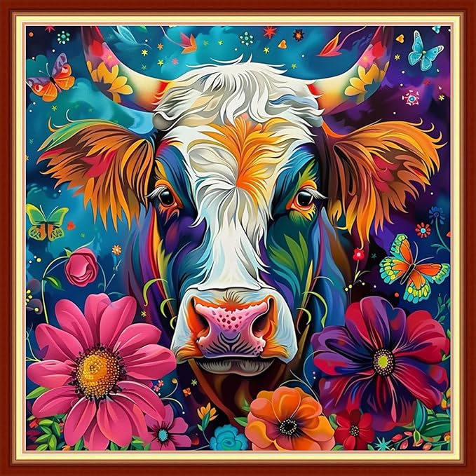 Joyhoor Stamped Cross Stitch Kits for Beginners Needlepoint Kits for Adults Embroidery Kits 11CT Counted Cross Stitch Kits Printed Embroidery Pattern-Colorful Flower Cow 18x18 inchs