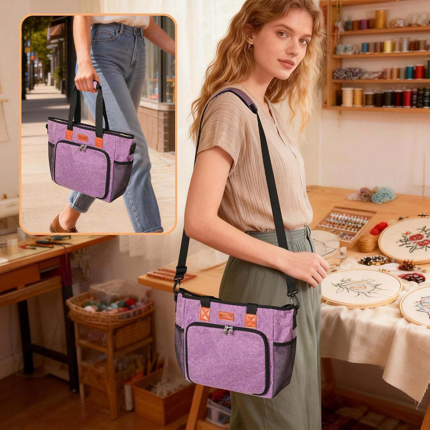 Embroidery Project Bag with Multiple Compartments & Shoulder Strap (Purple)