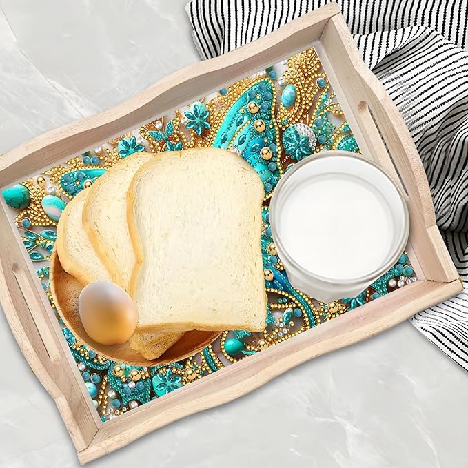 DIY Diamond Art Wooden Tray Kit, Food Tray with Handle Diamond Painted Table Decoration, for Breakfast, Bar Dinner Table Dots Gem Painting Art Set for Beginners - Butterfly