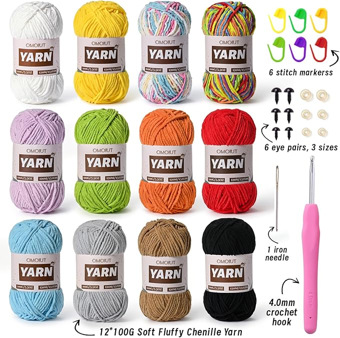 12 Pack 42.3oz/1572yds Bulky Multicolor Yarn Set, Plush Chenille Blanket Yarn for Crocheting, Fluffy Velvet Yarns for Crochet, Fuzzy Baby Yarns for Crocheting Soft, Crochet Amigurumi D