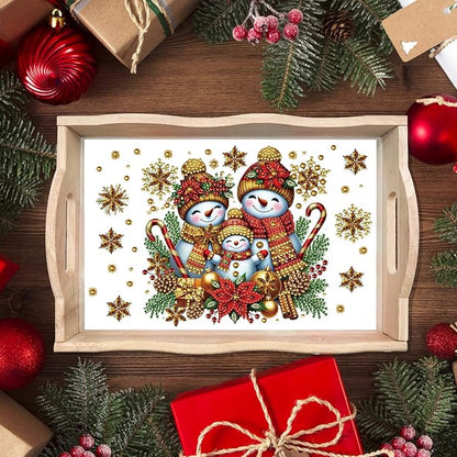DIY Diamond Art Painting Wooden Tray Kit, Food Tray with Handle Diamond Painted Table Decoration Tray, for Breakfast, Bar Dinner Table Diamond Dots Gem Painting Art Set for Beginners-Snowman4
