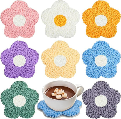 Preboun 8 Pcs Flower Punch Needle Coaster Kit, Punch Needle Embroidery Kit for Adults Beginners, DIY Supplies Tufted Coasters Including Yarns Hoop Tools