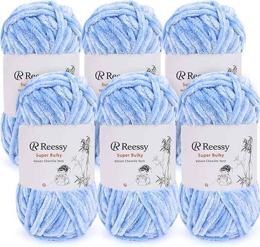 Velvet Chenille Yarn Pack – 6 Skeins × 100g Super Bulky (CYC #6) – Soft Velvet Chunky for Crocheting & Knitting, Fluffy Chenille Yarn for Blankets, Scarves & Crafts (Sky Blue)
