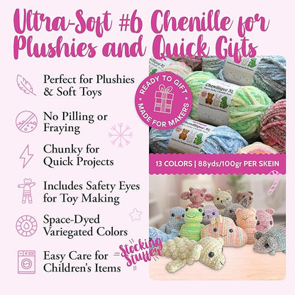 Chenillique XL Super Bulky Chenille Yarn – 100g Skein (88 Yards) + Safety Eyes + Free Plushie Pattern – Plush Polyester Yarn for Amigurumi, Crochet & Knitting - Ocean Mist