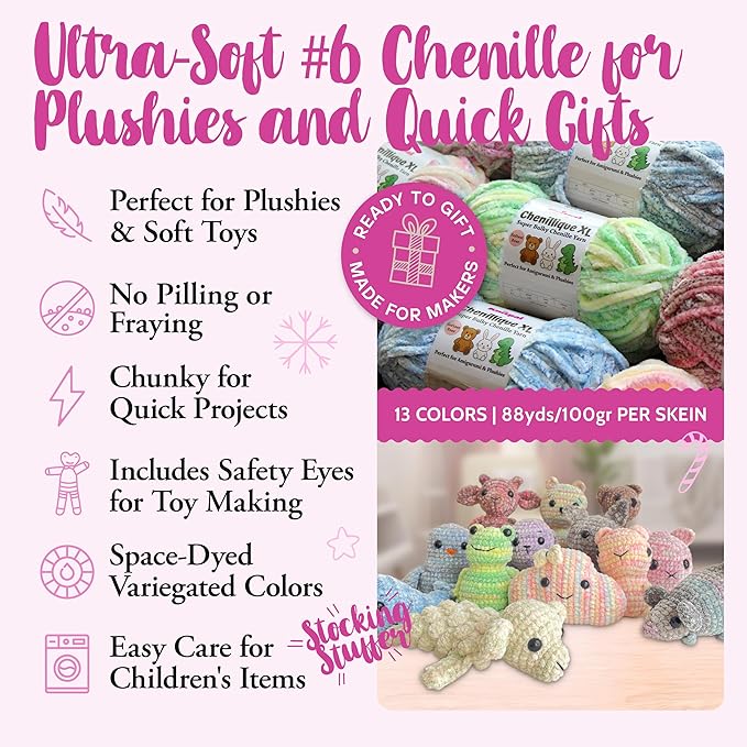 Chenillique XL Super Bulky Chenille Yarn – 100g Skein (88 Yards) + Safety Eyes + Free Plushie Pattern – Plush Polyester Yarn for Amigurumi, Crochet & Knitting - Blue Whisper