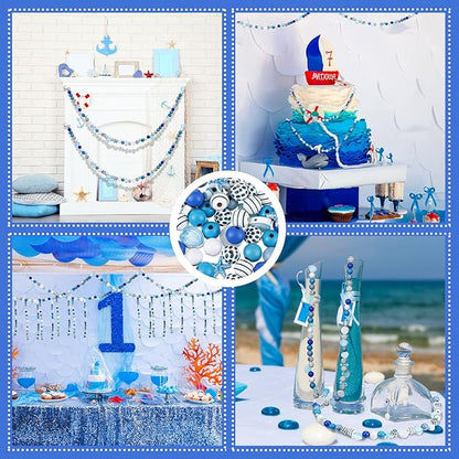 200 Pcs Ocean Theme Wood Beads for Crafts Colored Wooden Beads with Holes Blue Nautical Starfish Conch Seashell Round Spacer Crafts Kits Polished for DIY Art Summer Beach Party Decor