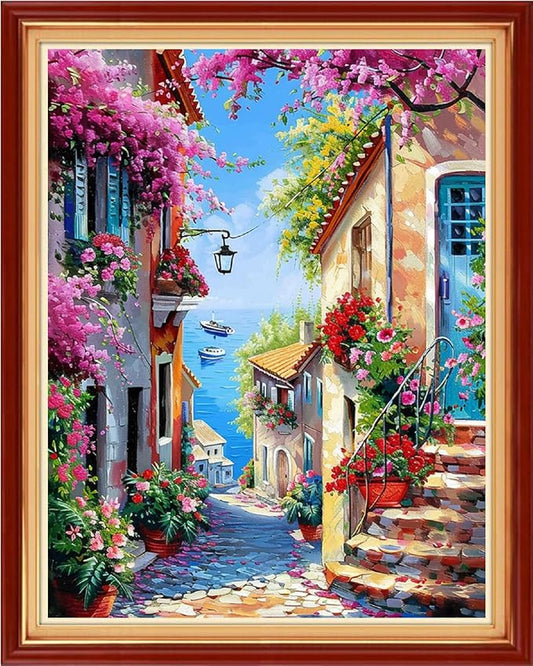 Funart Stamped Cross Stitch Kits for Beginners Full Range of Cross Stitching Preprinted Embroidery Kits for Adults, 11CT Embroidery Pattern Needlepoint Kits-Seaside Flower Market 16x20 inch