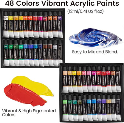 MERRIY 80-Piece Acrylic Paint Set, Artist Painting Supplies Kit with Tabletop Sketch Box Easel, 48 Colors Acrylic Paints,11"x 14"Stretched Canvas &More, Premium Acrylic Painting Set for Adults