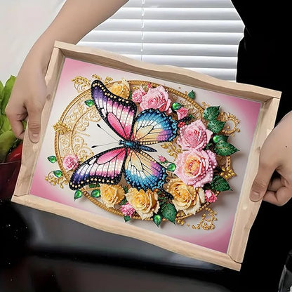 DoxQcs DIY Diamond Art Wooden Tray Kit Easter Food Tray with Handle Diamond Painted Table Decoration Tray for Breakfast Bar Dinner Table Diamond Art Painting for Beginners-#12-Rose Butterfly