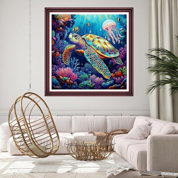 DMCCRAFT Stamped Cross Stitch Kits for Adults 11CT Printed Cross-Stitch Patterns Embroidery Kits Easy Cross Stitching Needlepoint Kits Crossstitch-Sea Turtle Jellyfish 18x18 inch