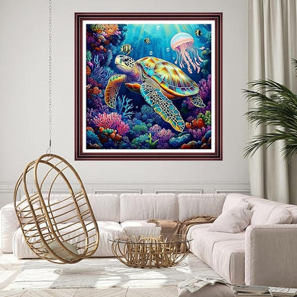DMCCRAFT Stamped Cross Stitch Kits for Adults 11CT Printed Cross-Stitch Patterns Embroidery Kits Easy Cross Stitching Needlepoint Kits Crossstitch-Sea Turtle Jellyfish 18x18 inch