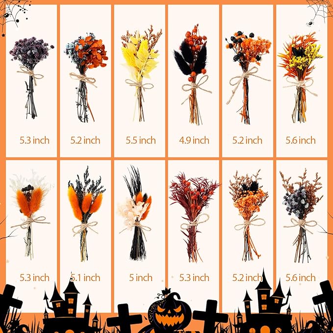 10/12/24/36 Pack Mini Dried Flowers for Vase Wedding Various Mini Bouquet Dried Small Wildflowers Natural Flowers Bulk for Crafts DIY Decor (12, Orange Black 2)