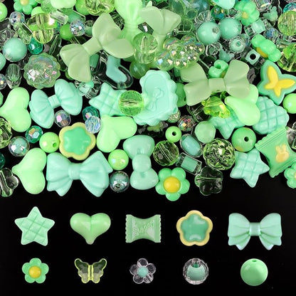 150PCS Acrylic Pastel Beads for Jewelry Making, Kalolary Colorful Bow Butterfly Flower Kawaii Plastic Candy Heart Cute Macaroon Aesthetic Beads for Bracelet Necklace DIY Supplies (Green)