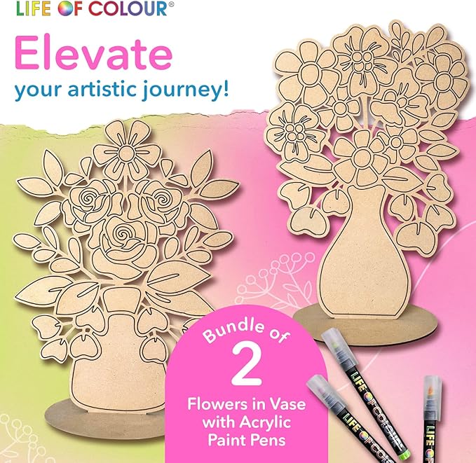 Life of Colour Painting Kit - Color Your Own 2 Flower in Vase Boards Acrylic Paint Pens for No Mess Painting - 15.7 x 11.8 Inches for Joyful Display - Arts and Crafts for Adults