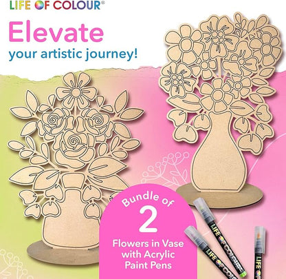 Life of Colour Painting Kit - Color Your Own 2 Flower in Vase Boards Acrylic Paint Pens for No Mess Painting - 15.7 x 11.8 Inches for Joyful Display - Arts and Crafts for Adults