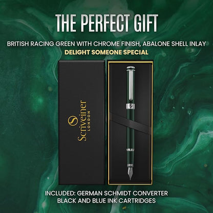Scriveiner British Racing Green Fountain Pen - Stunning Luxury Pen with Chrome Finish, Schmidt Nib (Fine), Best Pen Gift Set for Men & Women, Professional, Executive, Office, Nice Pens
