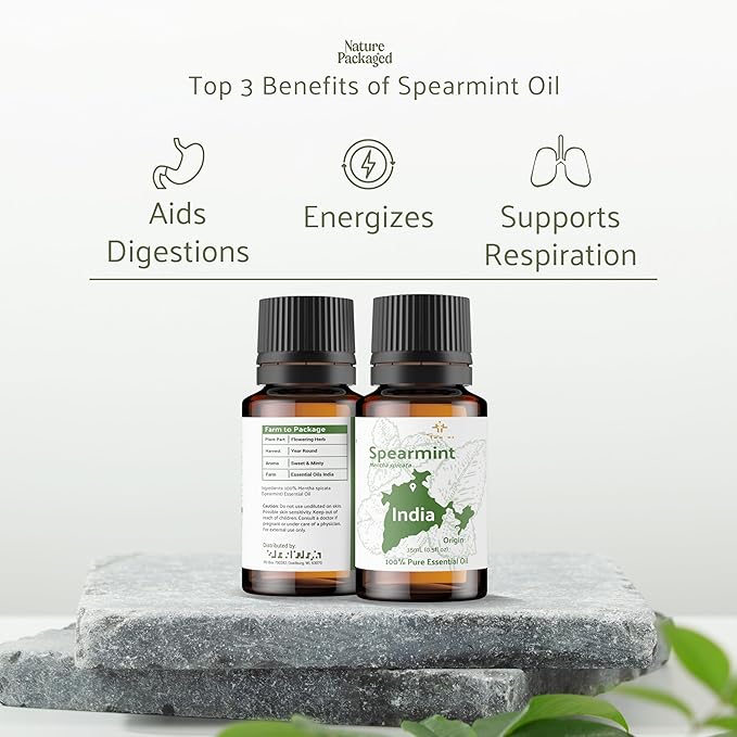 Nature Packaged Spearmint Essential Oil - Direct from Essential Oils India - Steam Distilled - Aceite Esencial de Menta Verde for Aromatherapy, Massage, Diffuser, DIY Candle and Soap Making - 8oz