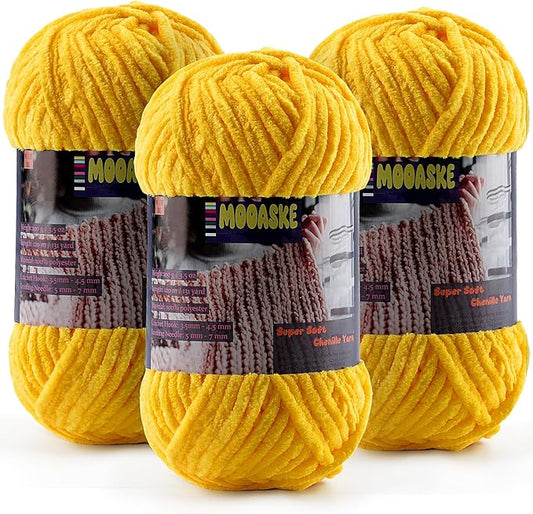 Baby Blanket Yarn for Crocheting - Soft Velvet Fluffy Chenille Yarn for Knitting Amigurumi Making Scarves, Doll - 100g/3.5oz 131 Yards Thick Plush Yarns (3, Yellow)