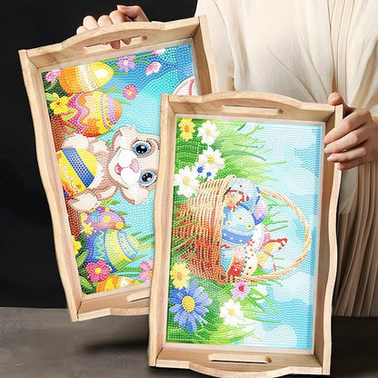 DIY Art Painting Wooden Tray Kit With Handle, Diamond Painted Table Decoration for Breakfast, Bar Dinner Table, Diamond Dots Gem Painting Art Set for Beginners (#35-Easter Bunny)