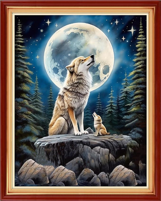 Redxing Stamped Cross Stitch Kits Full Range of Embroidery Starter Kits- Needlepoint Counted Cross Stitch Kits for Beginner Adults 11CT Printed Embroidery Kit-Moon Wolf 16x20 inch