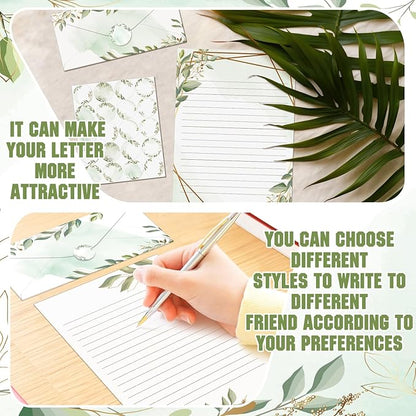 TaoBary 160 Pcs Stationery Paper Set 50 Double Sided Stationery Papers with 50 Matching Envelopes and 60 Round Dot Sticker, 10 Design(Green Leaves,8.5 x 11 Inch)