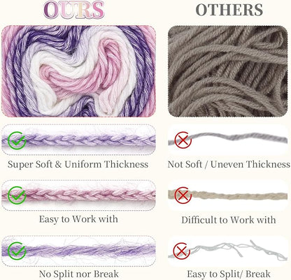 Aeelike Cake Yarn for Crocheting, 6 Skeins Gradient Yarn Fairyland Yarns100g (3.52 oz) 245m (267 Yards) # 3 Light Weight, Super Soft Ombré Yarns Making Colorful Blanket Scarves Hat, Purple Gradient