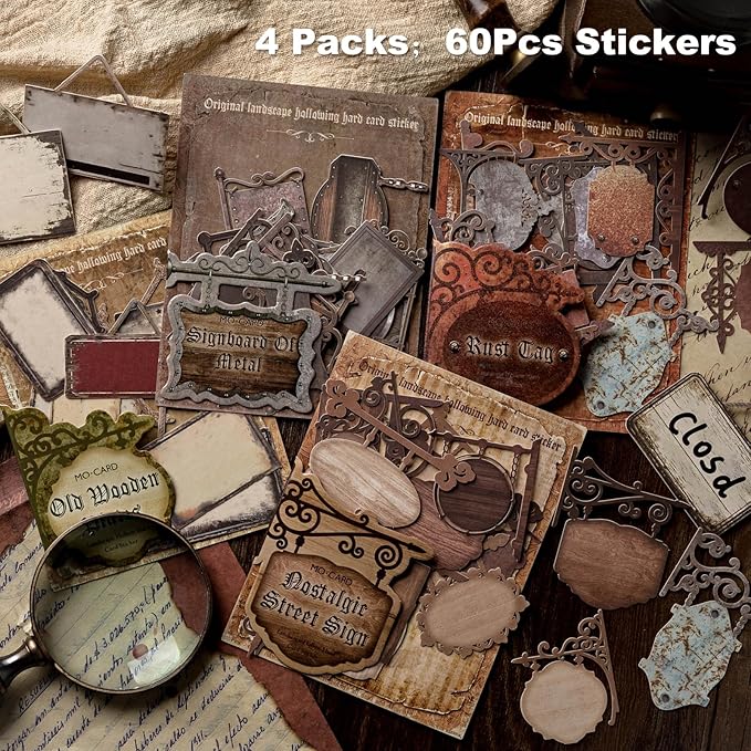 AuriicLeaf Vintage Cut-Out Signboard Sticker Set, 60PCS Retro Ephemera for Scrapbooking, Journaling, DIY Crafts, and Decorative Art