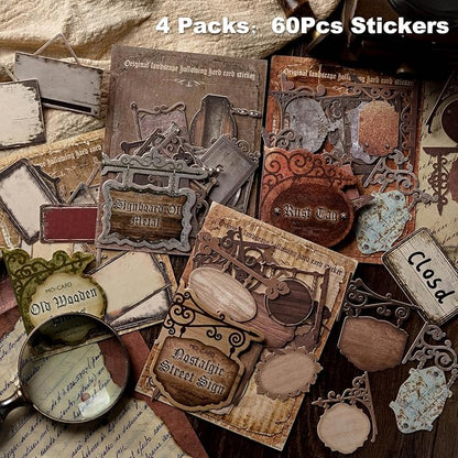 AuriicLeaf Vintage Cut-Out Signboard Sticker Set, 60PCS Retro Ephemera for Scrapbooking, Journaling, DIY Crafts, and Decorative Art