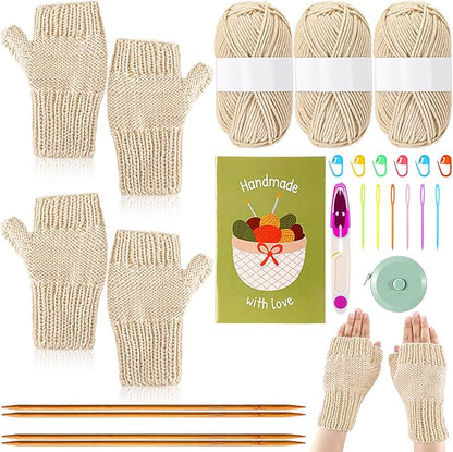 GliCraft Knitting Kit for Beginners Learn to Knit Kit for Adults Gloves Starter Bundle with Step-by-Step Instructions Includes Wool Yarn, Needles & Accessories(Beige)