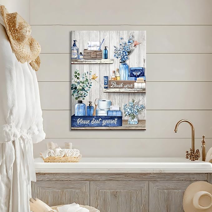WANGTIAO Navy Blue Shelf Pattern Bathroom Canvas Wall Art Rustic Grey Wood Grain Wall Paintings Please Seat Yourself Sign Prints Pictures Vintage Aesthetic Bathroom Poster Artwork Home Decor 12"x16"