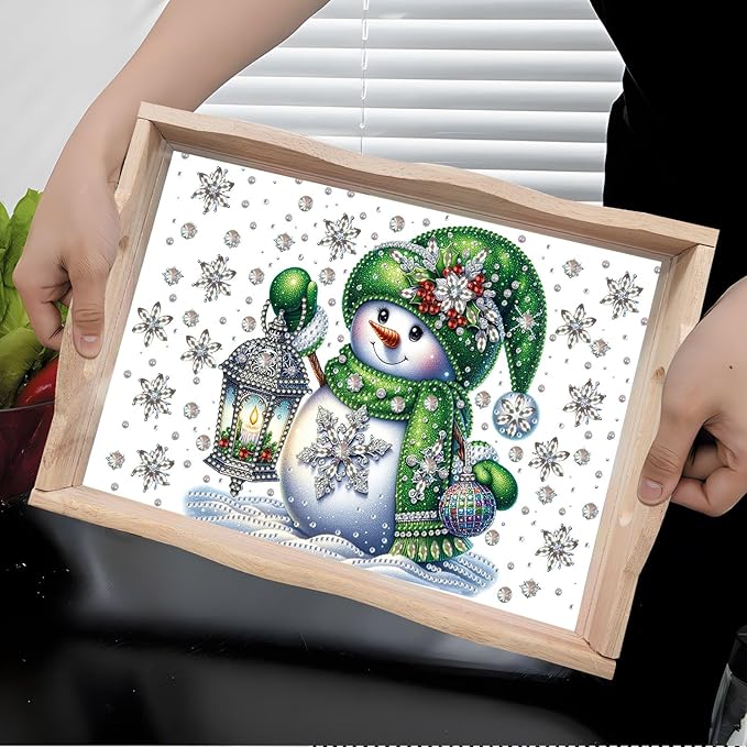 DIY Diamond Art Painting Wooden Tray Kit, Food Tray with Handle Diamond Painted Table Decoration Tray, for Breakfast, Bar Dinner Table Diamond Dots Gem Painting Art Set for Beginners-Snowman3