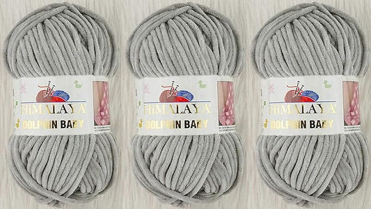 3 Skein/Pack Himalaya Dolphin Baby Chenille Yarn, Each Ball 100 gr (3.5 oz), 120 m (132 Yards), 100% Polyester, Super Bulky Baby Blanket Velvet Amigurumi Yarn, 80357 - Gray